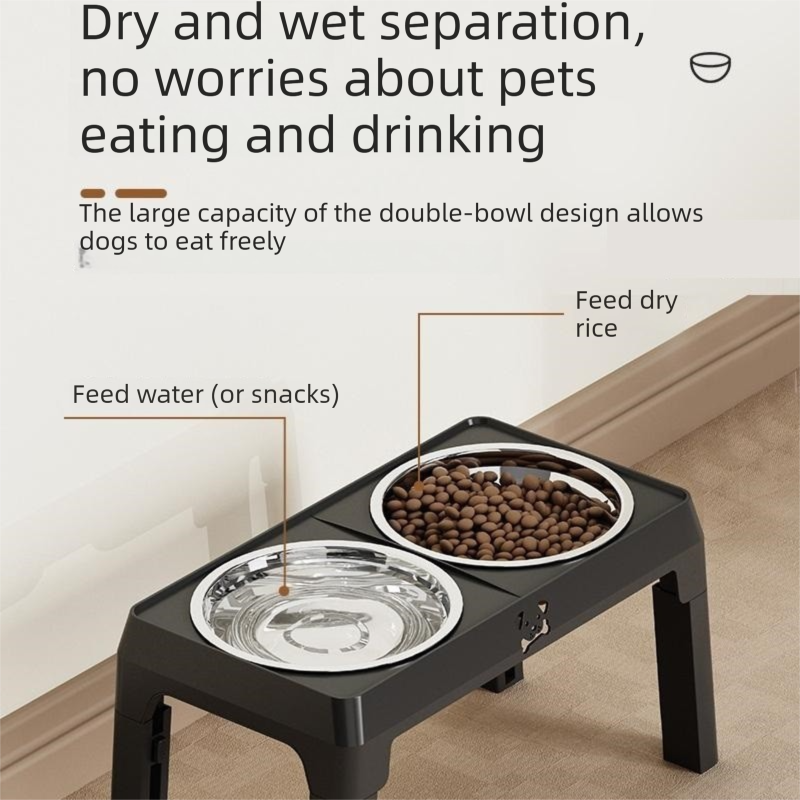 Grey Adjustable Elevated Dog Bowl Stand with Stainless Steel Double Bowls, Foldable Raised Pet Feeding Station for Medium & Large Dogs, Anti-Slip Height Adjustable Food and Water Feeder