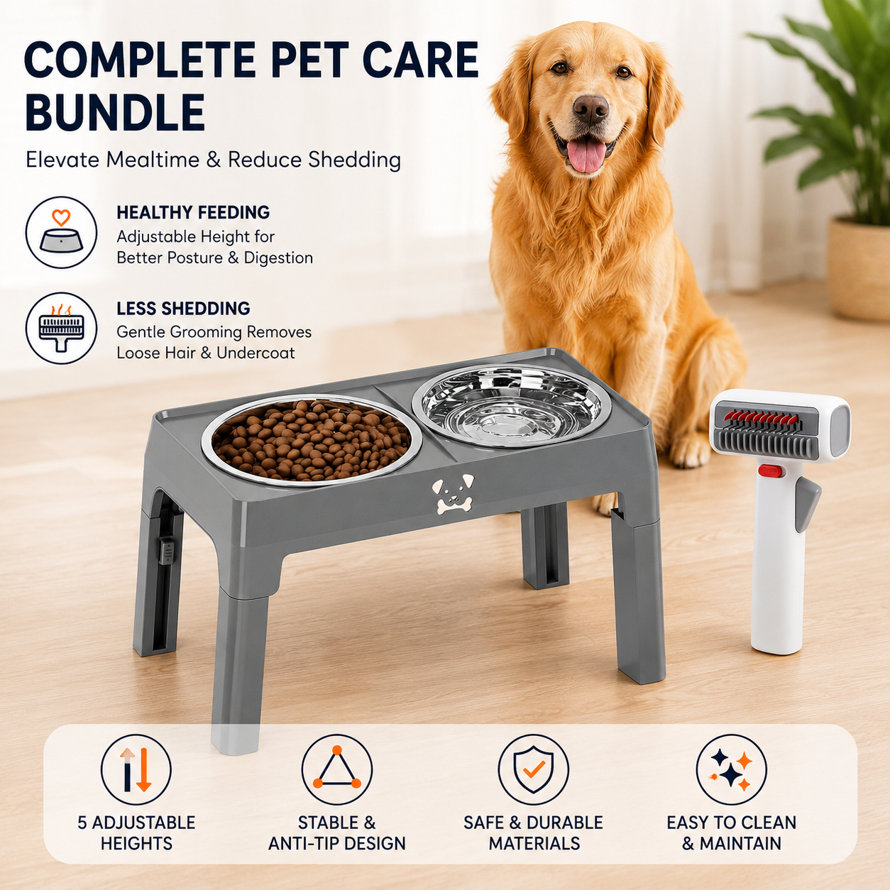 Pet Care Bundle Set – Grey Adjustable Elevated Double Dog Bowl & White and Grey 2-in-1 Self-Cleaning Pet Grooming Comb, Stainless Steel Feeding Station and Deshedding Brush for Dogs & Cats