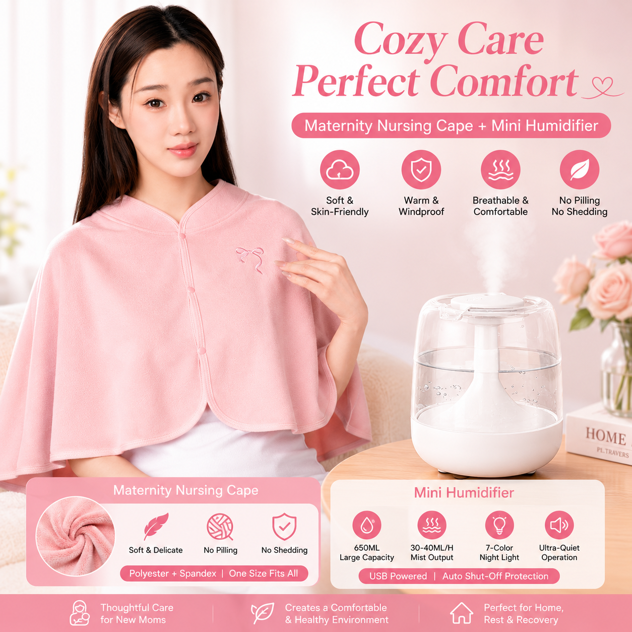 2 pcs Relaxing Winter Set - Pink  Nursing Cape and White Mini Humidifier Soothing – Soft Postpartum Shawl & 650ml USB Air Humidifier for Home Comfort，Relax Self Care Present for Women