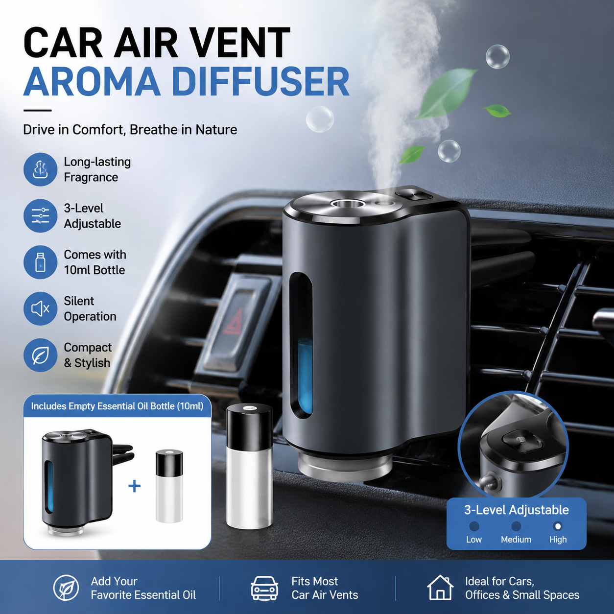 Grey Car Vent Air Freshener Diffuser (Includes a 10ml empty essential oil bottle) 3-Speed Adjustable Aroma Atomiser – Compact Aluminum Alloy USB Essential Oil Car Fragrance Clip