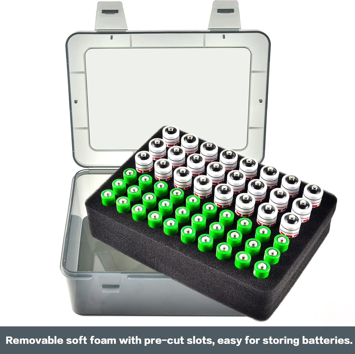 Grey AA/AAA Battery Storage Case 24 AA + 30 AAA Capacity Durable PP Organizer Box with Removable Foam Dustproof Portable Protective Battery Holder