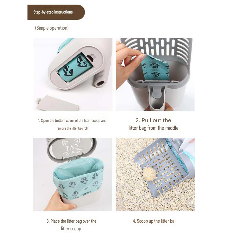 All-in-one Cat Litter Scoop Includes 4 rolls of trash bags - Detachable High-Capacity Waste Storage Bin with Garbage Bags, PP Material Cat Cleaning Tool for Efficient Litter Box Maintenance
