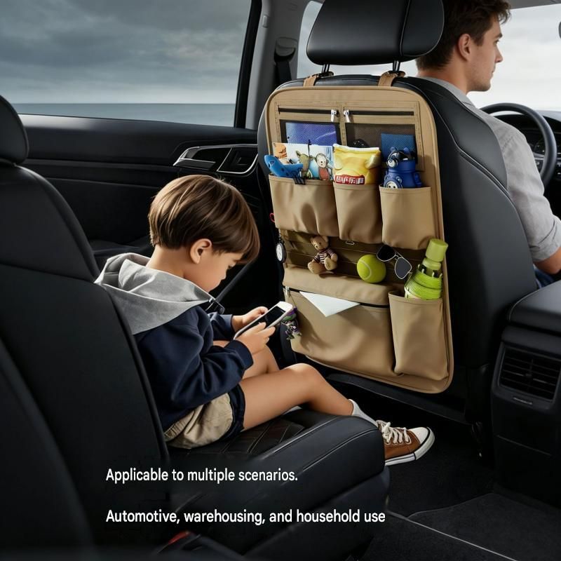 Green Car Seat Back Organizer - 210D Oxford Cloth, Water-Resistant & Multi-Pocket Design - Space-Saving Storage for Cars, Camping & Home Use