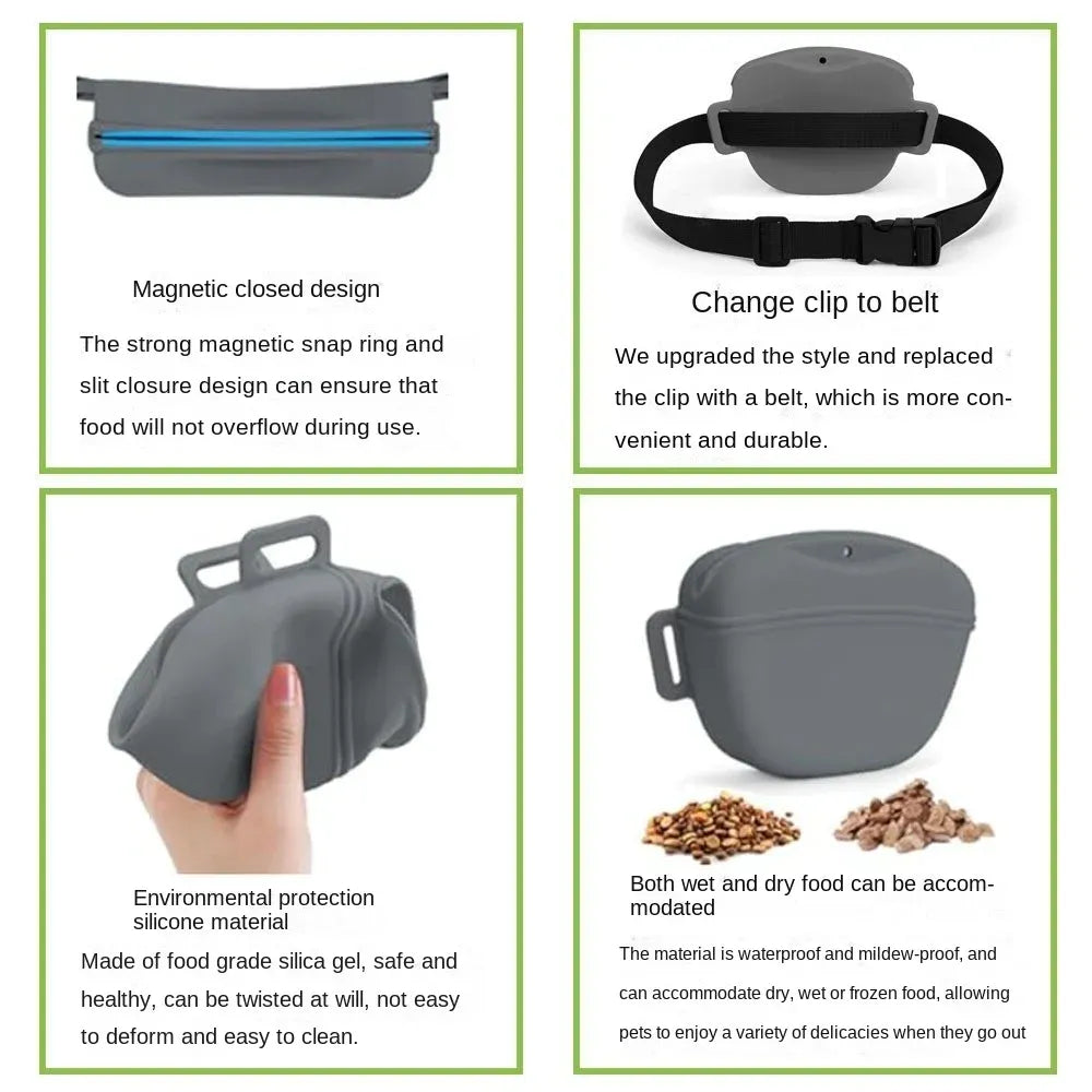 Black Silicone Dog Training Treat Pouch with Adjustable Waist Belt Hands-Free Pet Reward Bag for Outdoor Walks