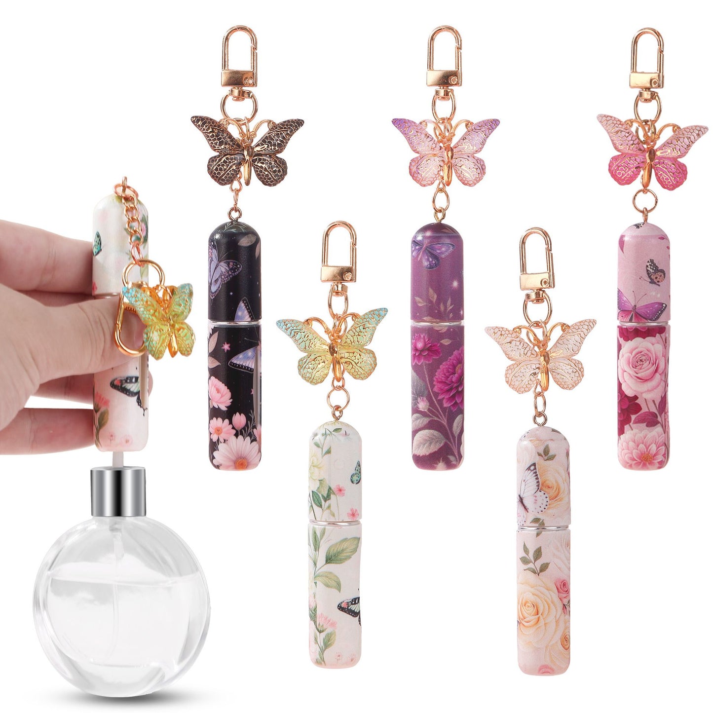 3 Pack Red 5ml Portable Perfume Atomizer Keychain Butterfly Charm Floral Refillable Travel Spray Bottle Set - Same Design