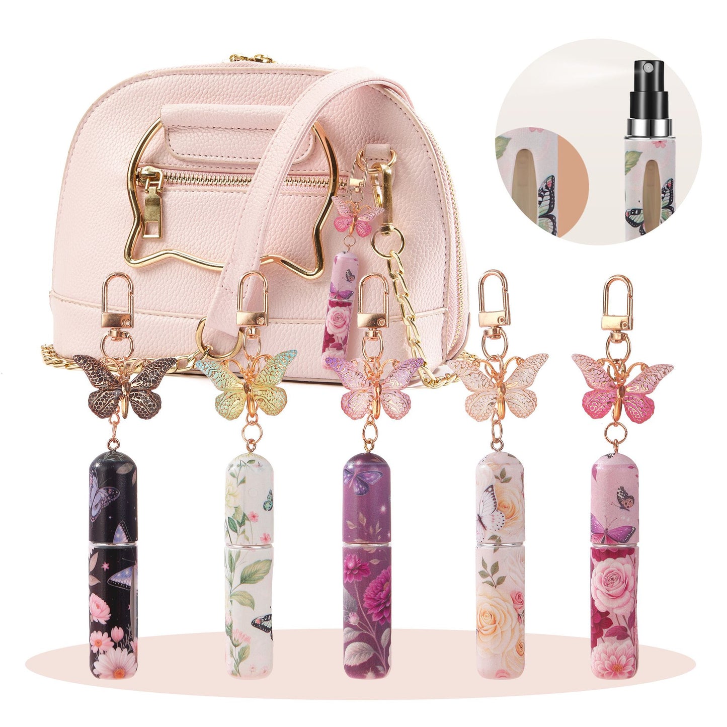 3 Pack Red 5ml Portable Perfume Atomizer Keychain Butterfly Charm Floral Refillable Travel Spray Bottle Set - Same Design