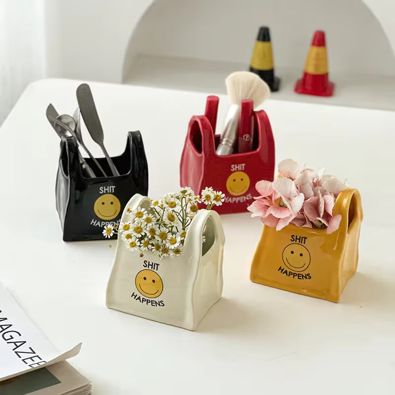 White Ceramic Mini Tote Bag Pen Holder - Creative Desktop Storage Organizer for Makeup Brushes, Remote Controls and Stationery, Cute Smiley Decorative Container
