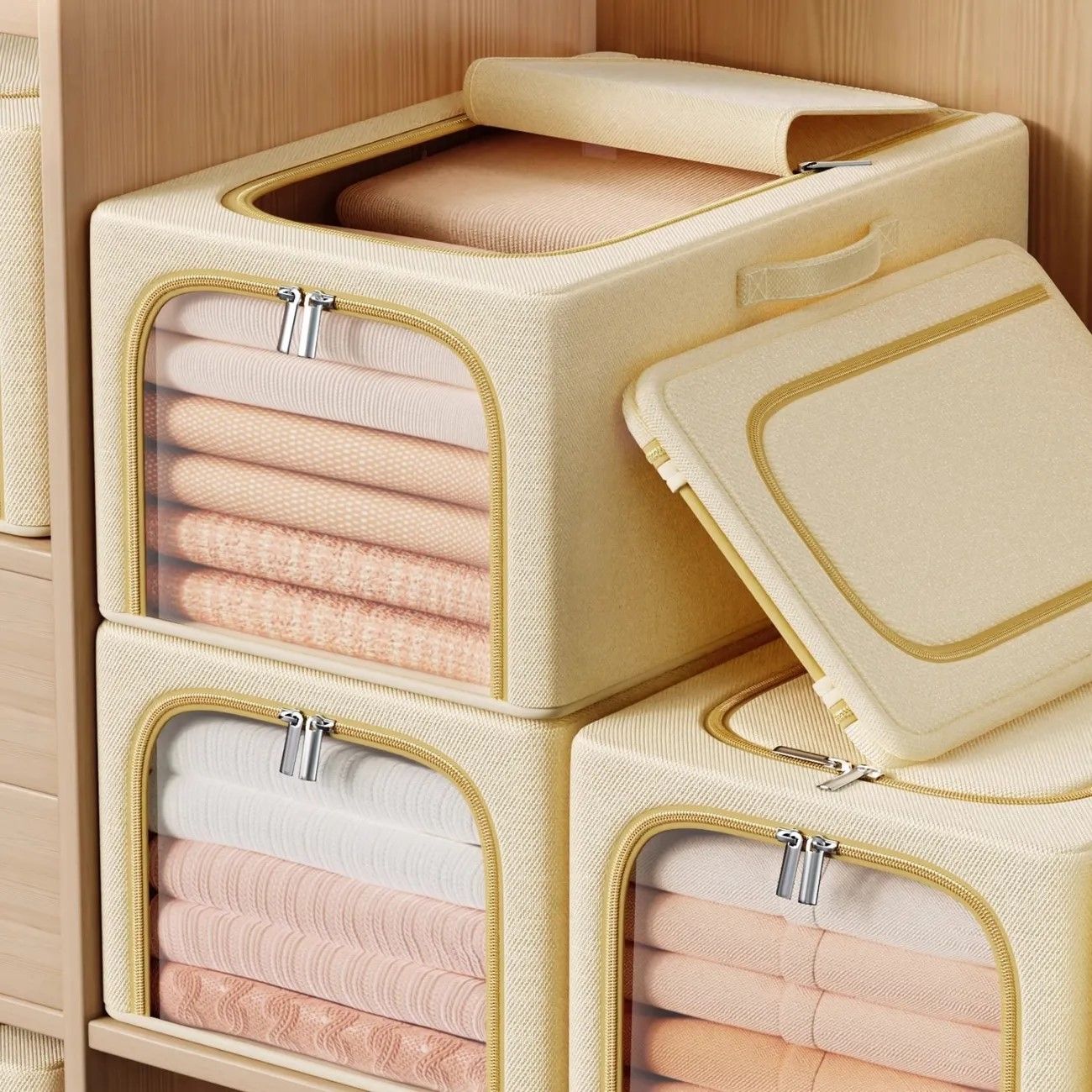 Khaki 49L Slim Foldable Clothes Storage Box Large Capacity Fabric Wardrobe Organiser with Clear Window Dustproof