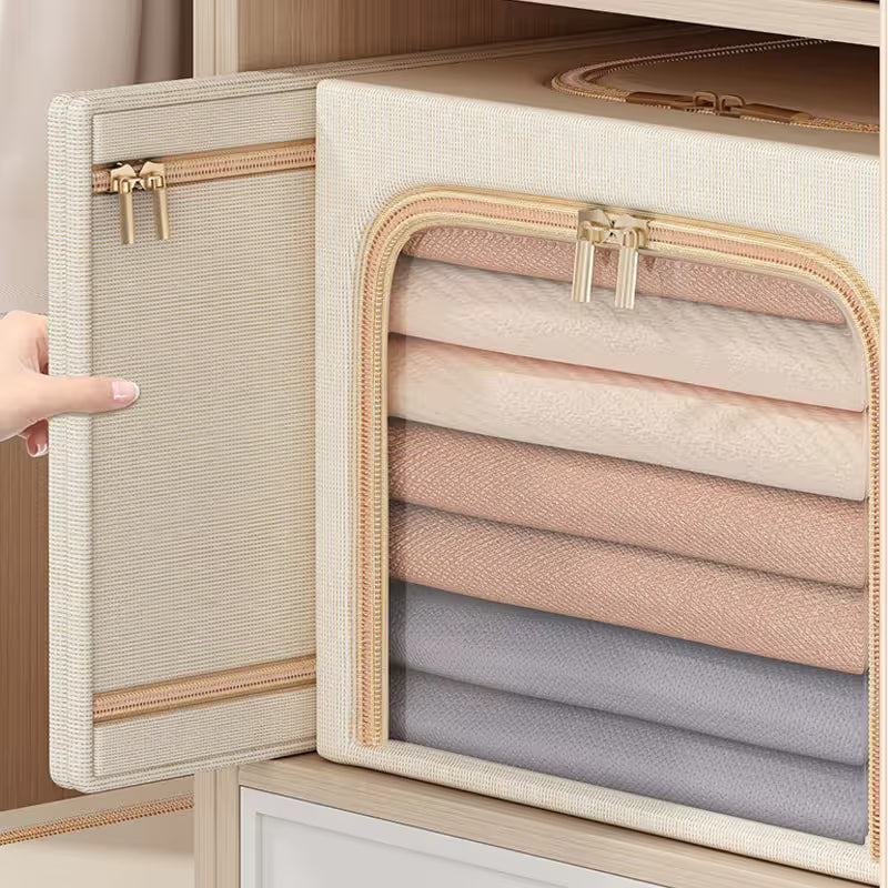 Khaki 56L Slim Foldable Clothes Storage Box Large Capacity Fabric Wardrobe Organiser with Clear Window Dustproof