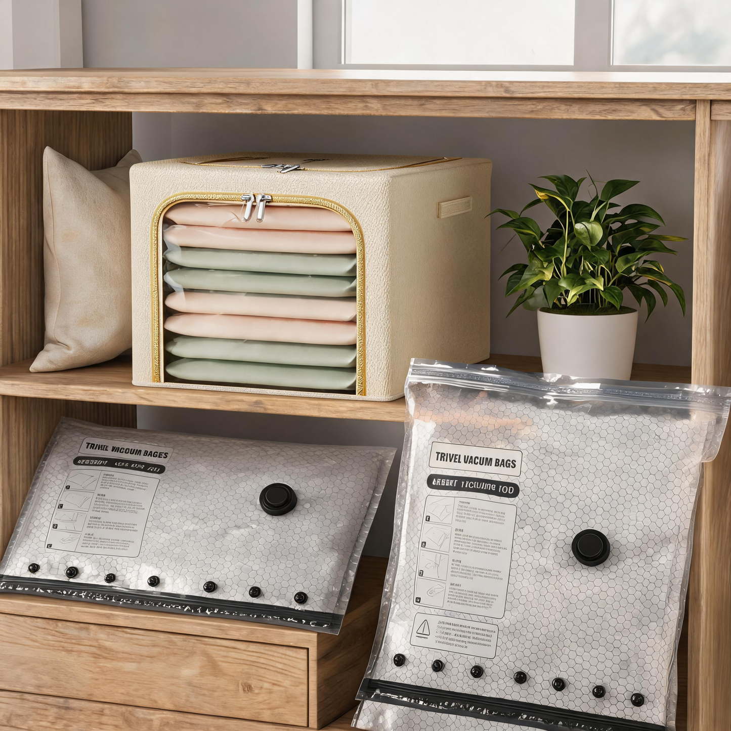 31L Large-Capacity Fabric Storage Bin & 6-Piece Vacuum Compression Bag Set — Reusable Compression Storage Combo Kit