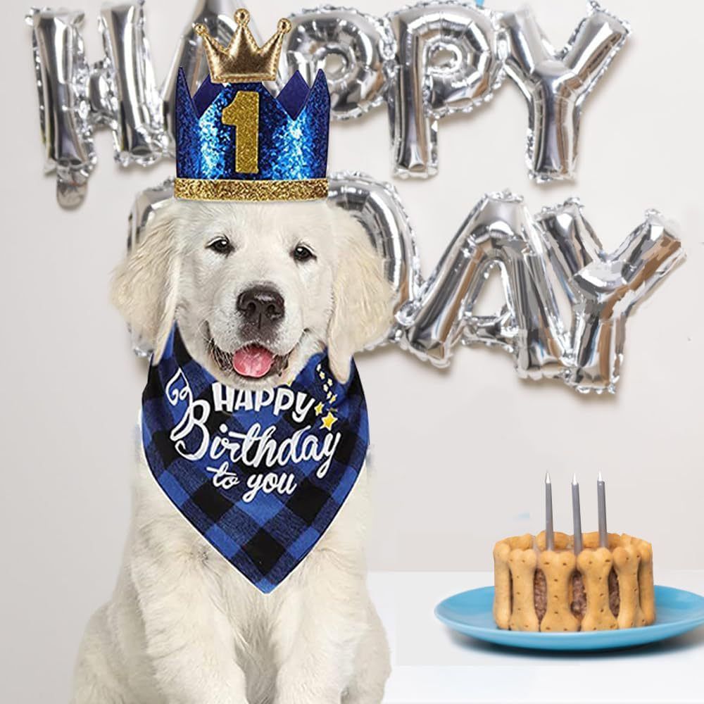 Blue Pet Birthday Party Decoration Set Dog Birthday Bandana Hat Bow Tie Balloons and Happy Birthday Banner Kit