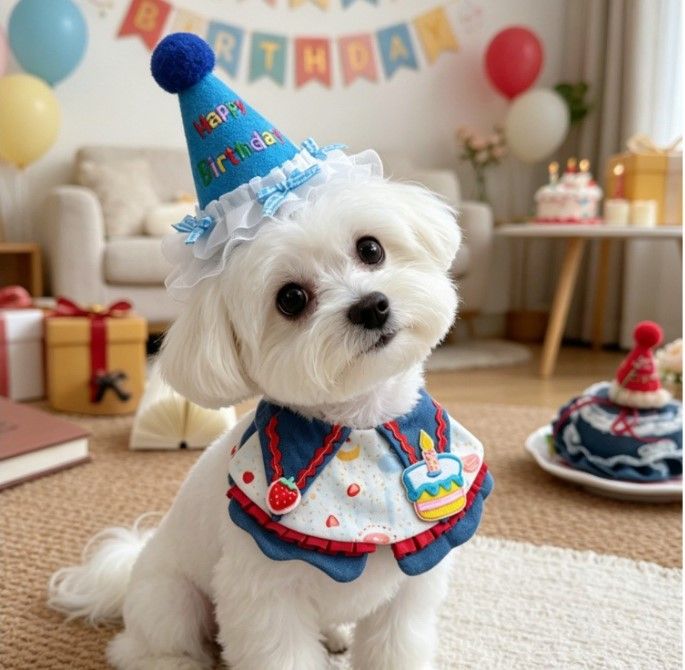Size S Blue Pet Birthday Party Supplies Strawberry Cake Bib and Hat Set Cat Dog Costume Photo Shoot Outfit