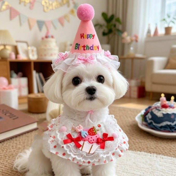 Size M Pink Pet Birthday Party Supplies Strawberry Cake Bib and Hat Set Cat Dog Costume Photo Shoot Outfit
