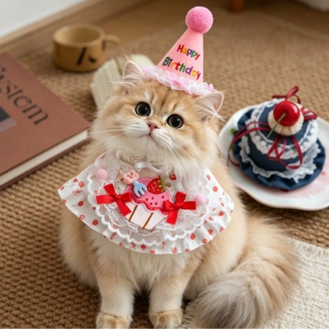 Size L Pink Pet Birthday Party Supplies Strawberry Cake Bib and Hat Set Cat Dog Costume Photo Shoot Outfit