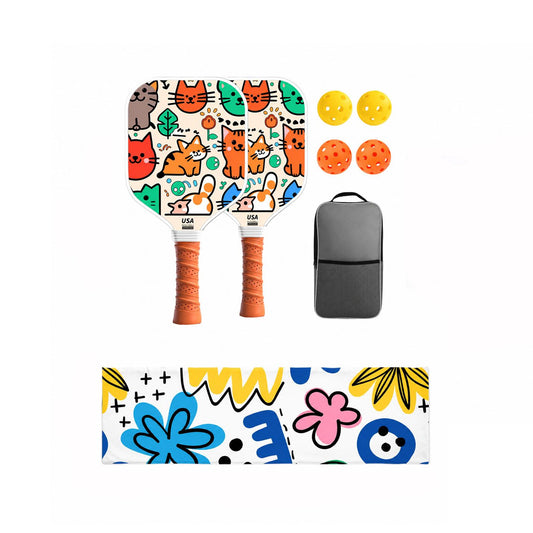 Kids Pickleball Paddle Set with Cooling Towel (Meow Paradise) , Cartoon Junior Paddles, Carry Bag and Indoor/Outdoor Balls for Children