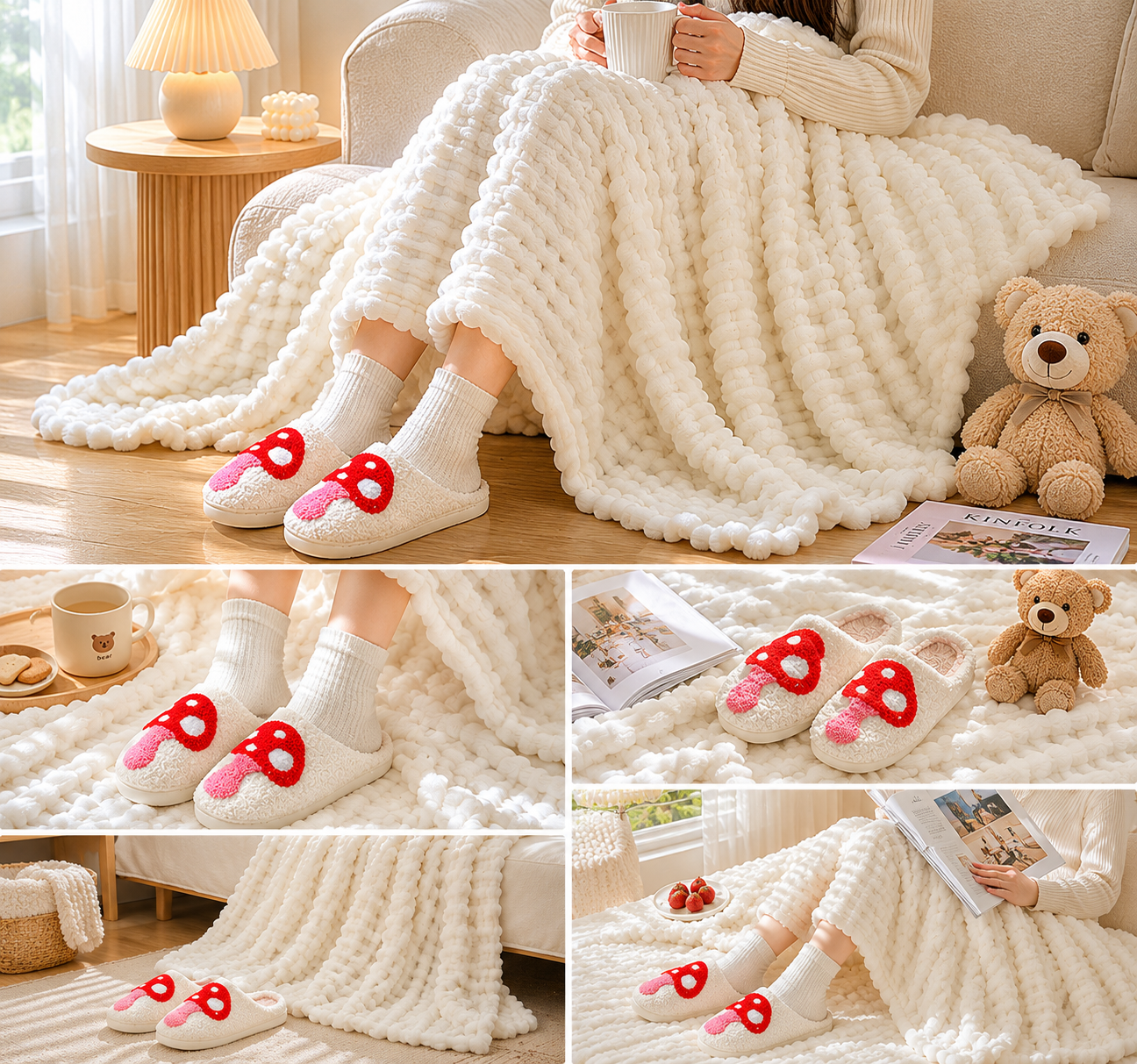 Mushroom-Themed Plush Slippers & Bubble Fleece Throw Blanket Set — A Cozy, Warm Winter Home Gift Bundle, Including Soft & Warm Indoor Slippers (Size AU 12-13) and a 100x150cm Flannel Throw Blanket