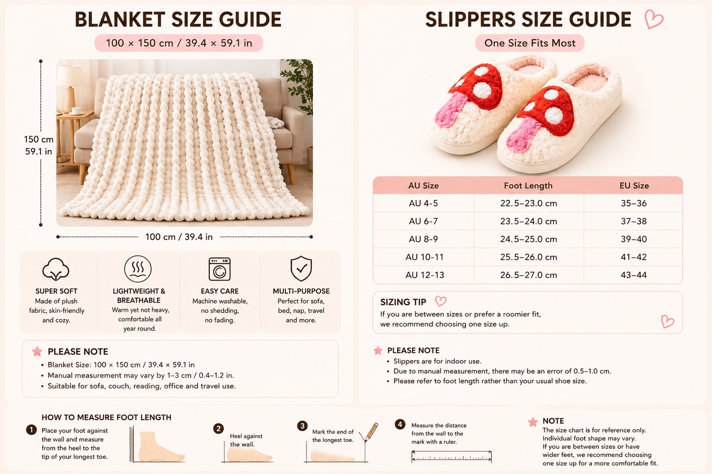 Mushroom-Themed Plush Slippers & Bubble Fleece Throw Blanket Set — A Cozy, Warm Winter Home Gift Bundle, Including Soft & Warm Indoor Slippers (Size AU 12-13) and a 100x150cm Flannel Throw Blanket