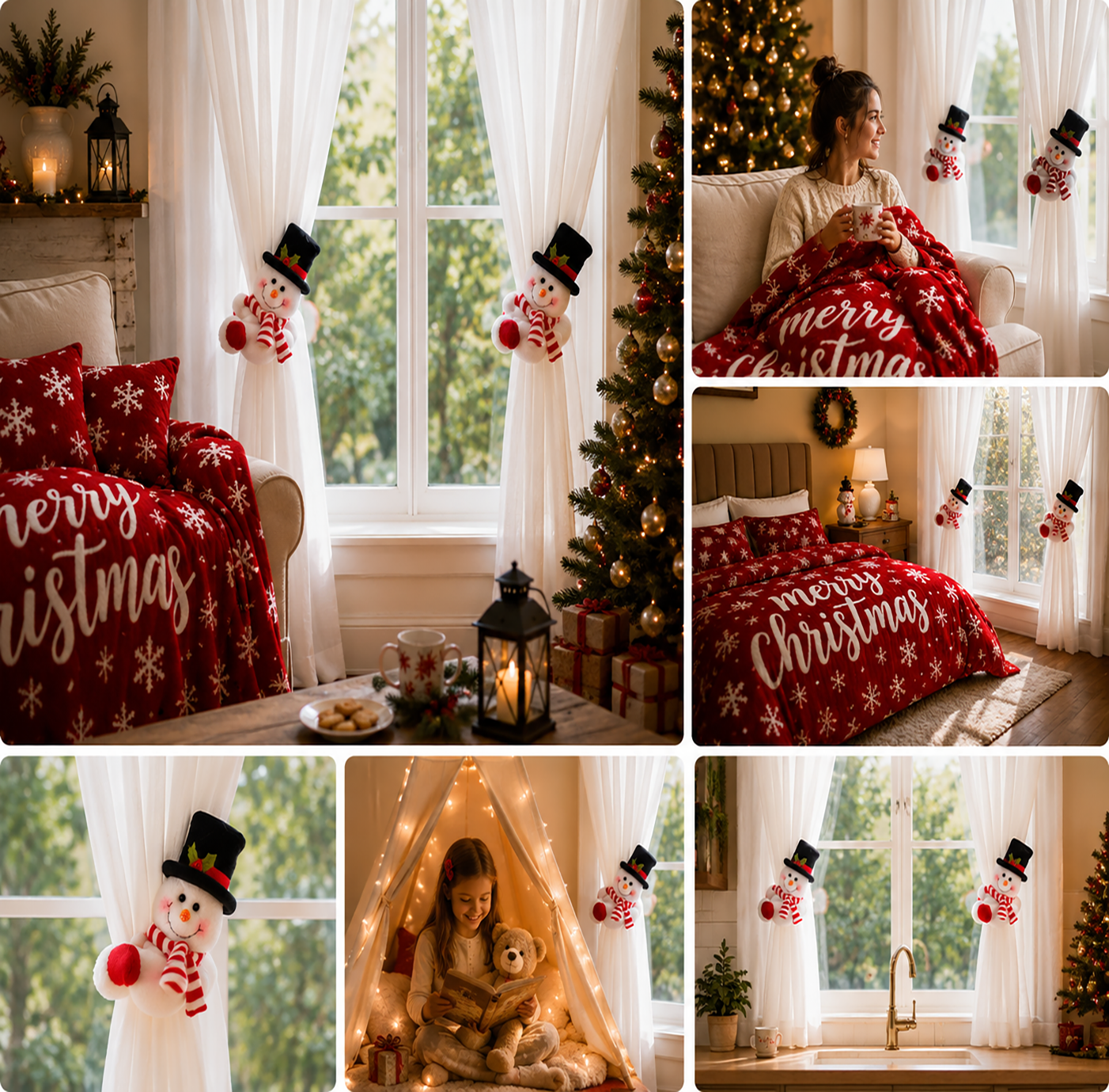 Christmas Flannel Throw Blanket and Snowman Curtain Tieback Set, 150x200cm Thick Fleece Sofa Blanket with 2 Plush Snowman Velcro Curtain Holders for Holiday Home Decor