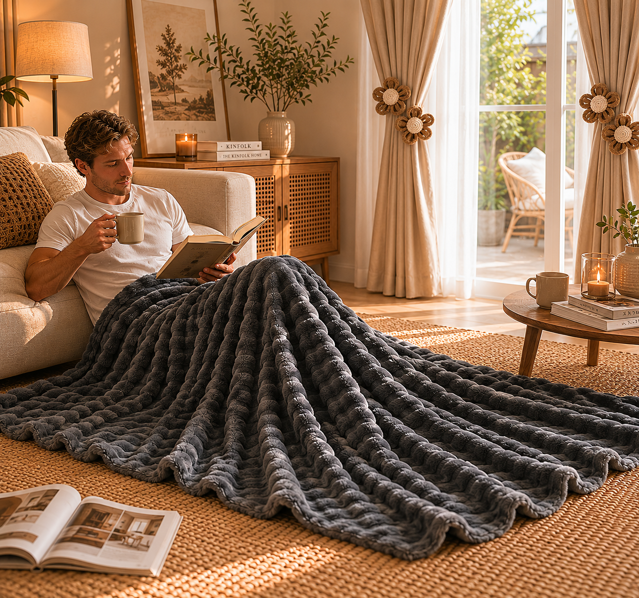 Grey Luxury Bubble Fleece Throw Blanket 180x200cm Sofa Couch Bed Blanket with FREE Pair of Flower Curtain Tiebacks, Soft Plush Textured Home Throw for Living Room Bedroom Decor