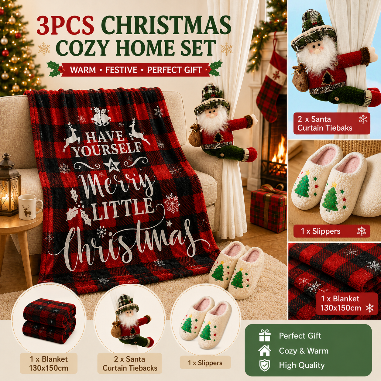 Christmas Home Comfort Set with Flannel Throw Blanket 130x150cm, Plush Indoor Slippers AU 8-9 and Santa Curtain Tiebacks, Cozy Holiday Gift Bundle