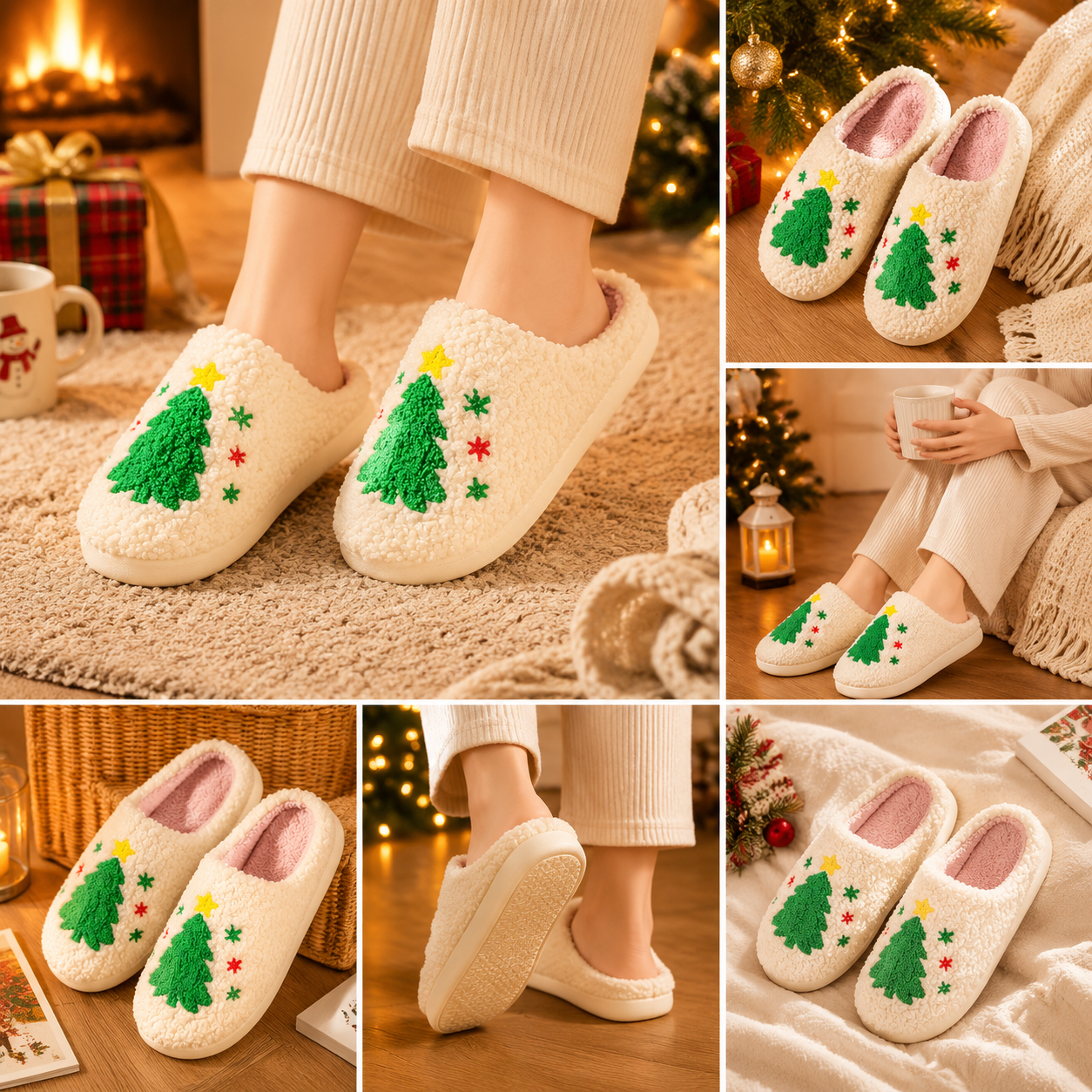 Christmas Home Comfort Set with Flannel Throw Blanket 130x150cm, Plush Indoor Slippers AU 10-11 and Santa Curtain Tiebacks, Cozy Holiday Gift Bundle