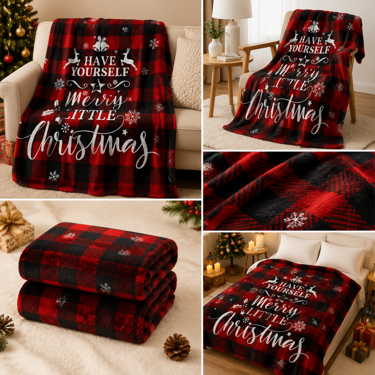Christmas Home Comfort Set with Flannel Throw Blanket 130x150cm, Plush Indoor Slippers AU 12-13 and Santa Curtain Tiebacks, Cozy Holiday Gift Bundle