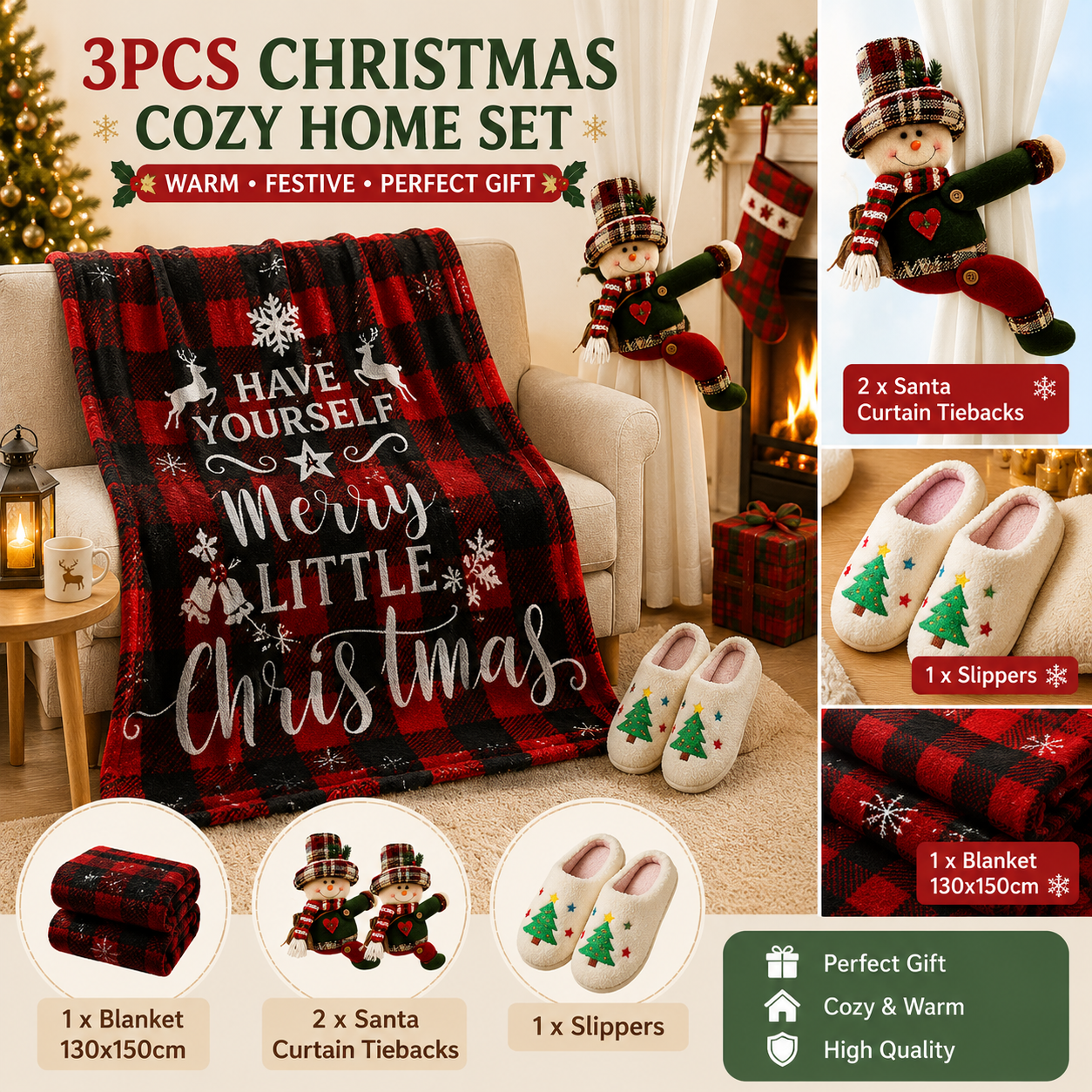 Christmas Home Comfort Set with Flannel Throw Blanket 130x150cm, Plush Indoor Slippers AU 12-13 and Snowman Curtain Tiebacks Set of 2, Festive Holiday Gift Bundle