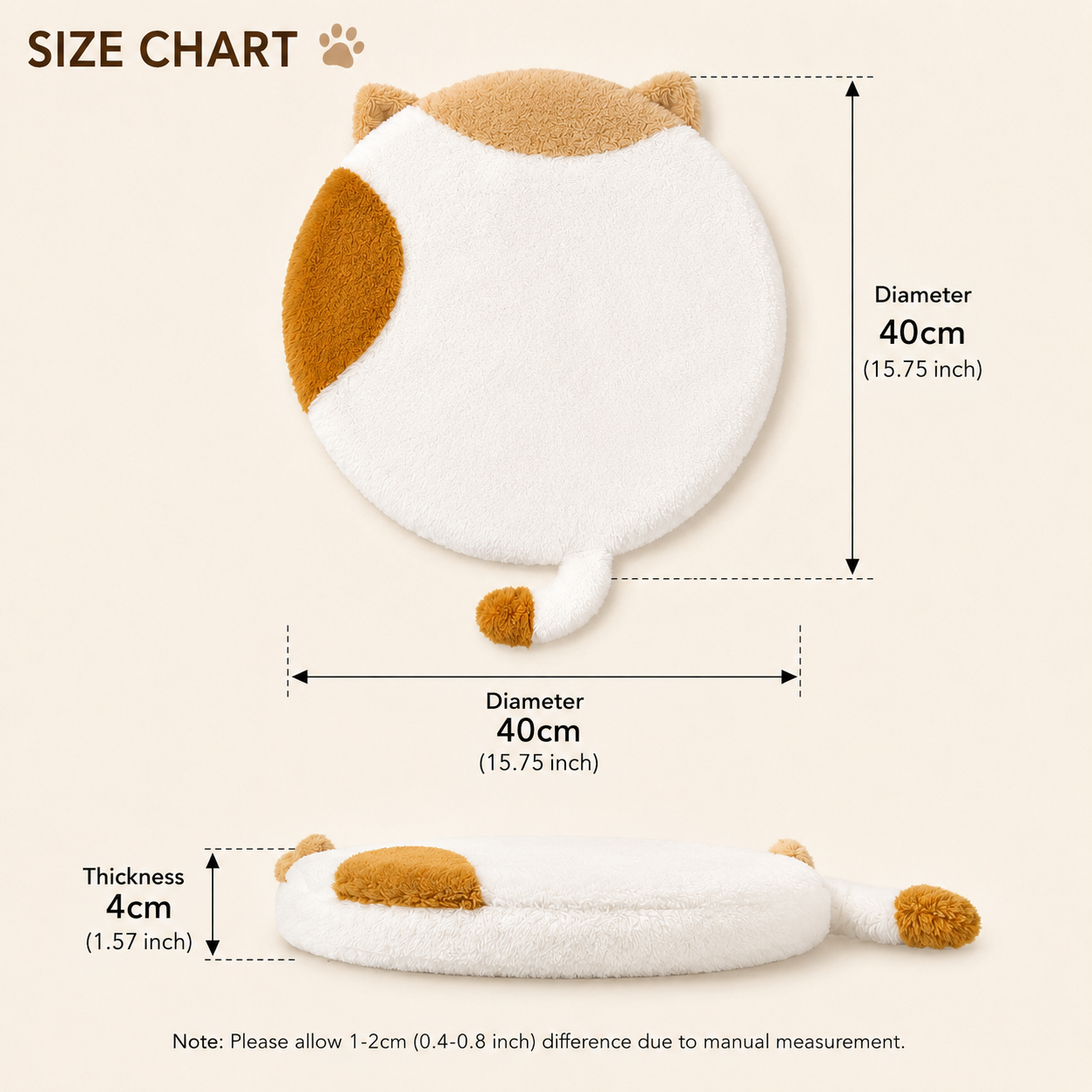 40cm Round Cat-Themed Seat Cushion (White Cat with Black Tail) — Slow-Rebound Memory Foam, Soft Plush, Washable — Ideal for Office Chairs, Bedrooms, Dorms, and Reading Nooks