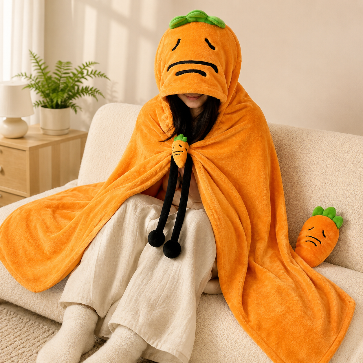 Carrot Hooded Blanket with Beige-grey Memory Foam Lumbar Support Pillow, Cozy Wearable Throw Blanket and Ergonomic Back Cushion Set for Office, Home, Study and Relaxation