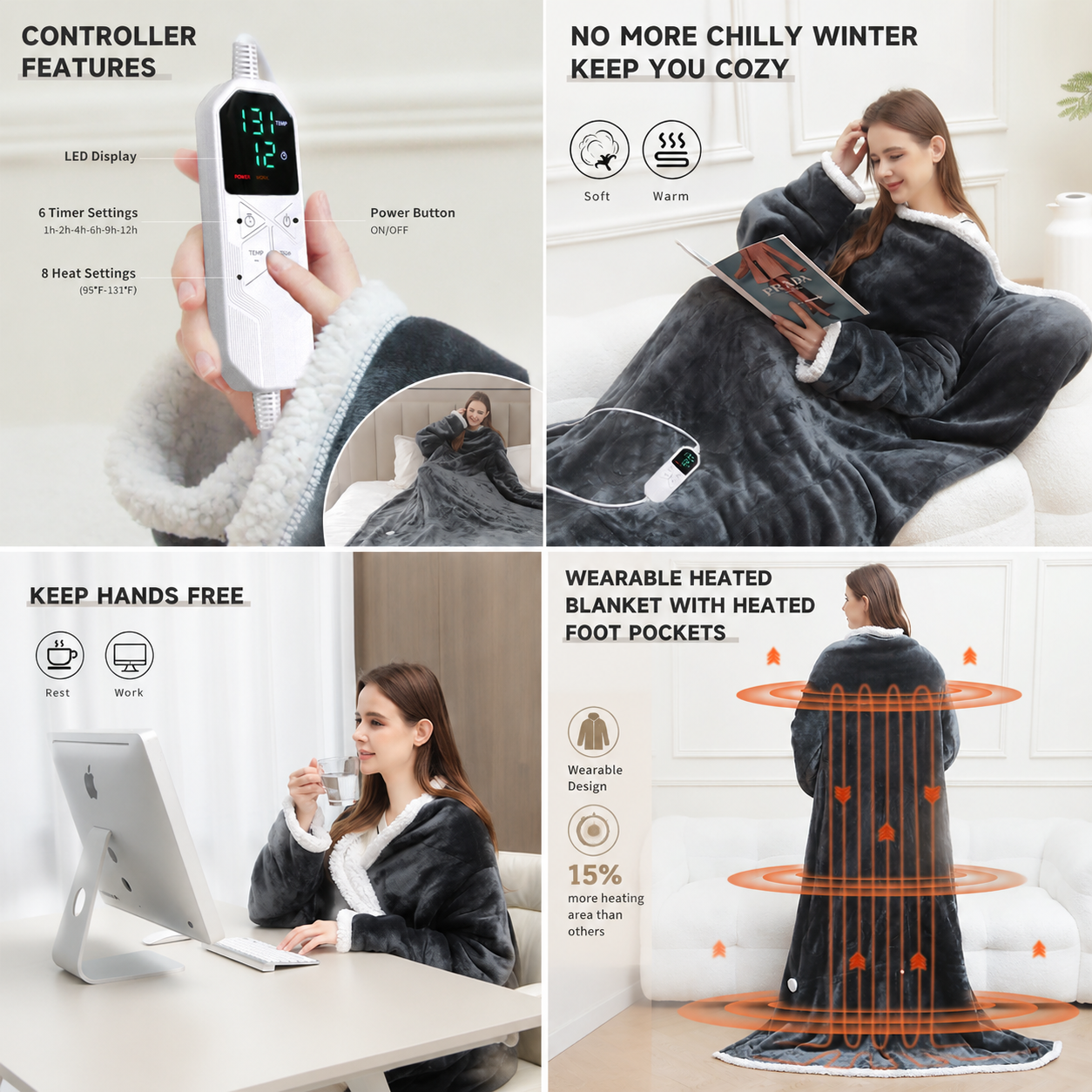 Wearable Electric Heated Blanket with Foot Pocket 127x177cm and Suede Fleece Slippers Set AU 7-8, Winter Warm Home Comfort Bundle