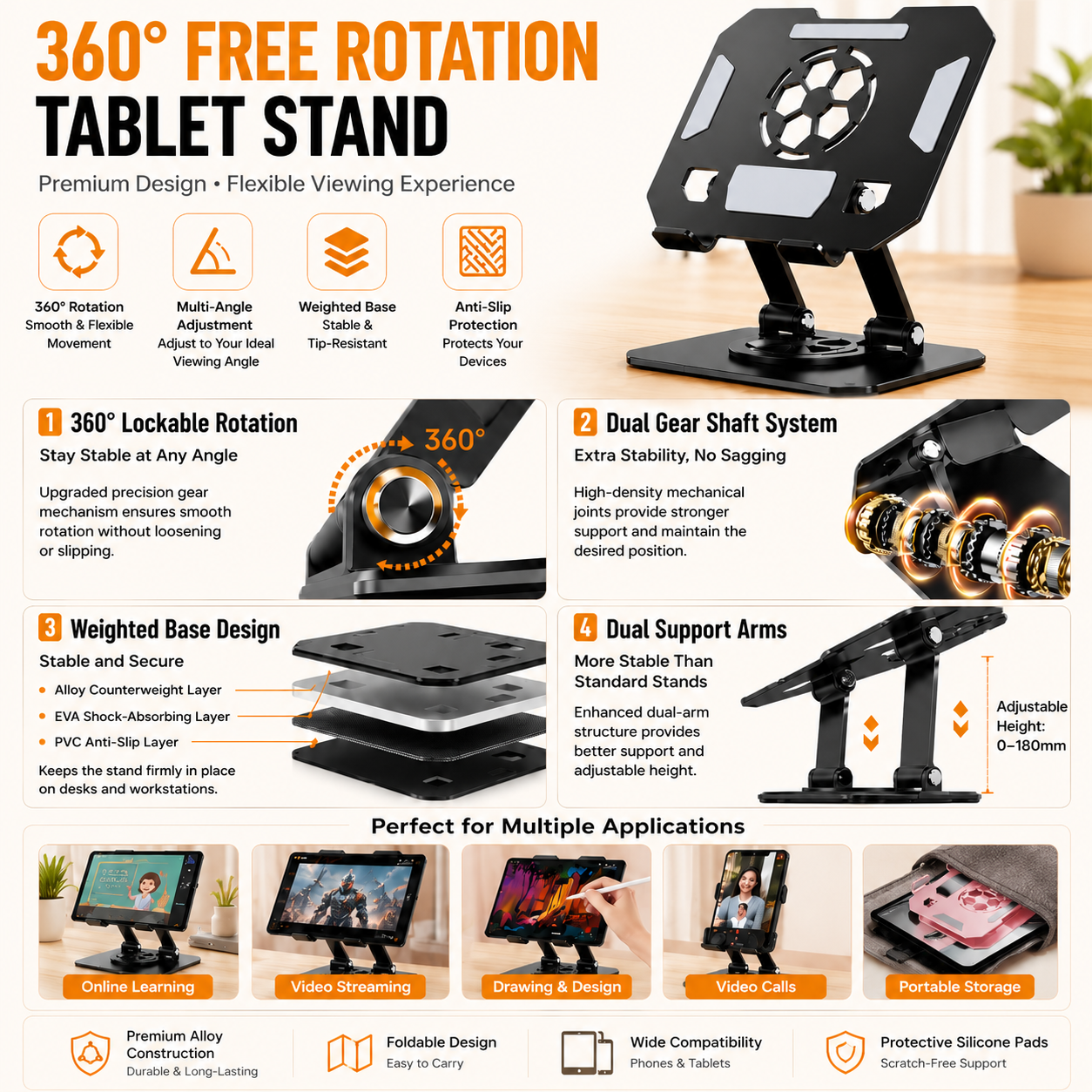 Pink 360 Degree Rotating Tablet Stand and Foldable LED Desk Lamp Study Set Adjustable Reading Light with Display Screen Desktop Organiser for Students Home Office Learning