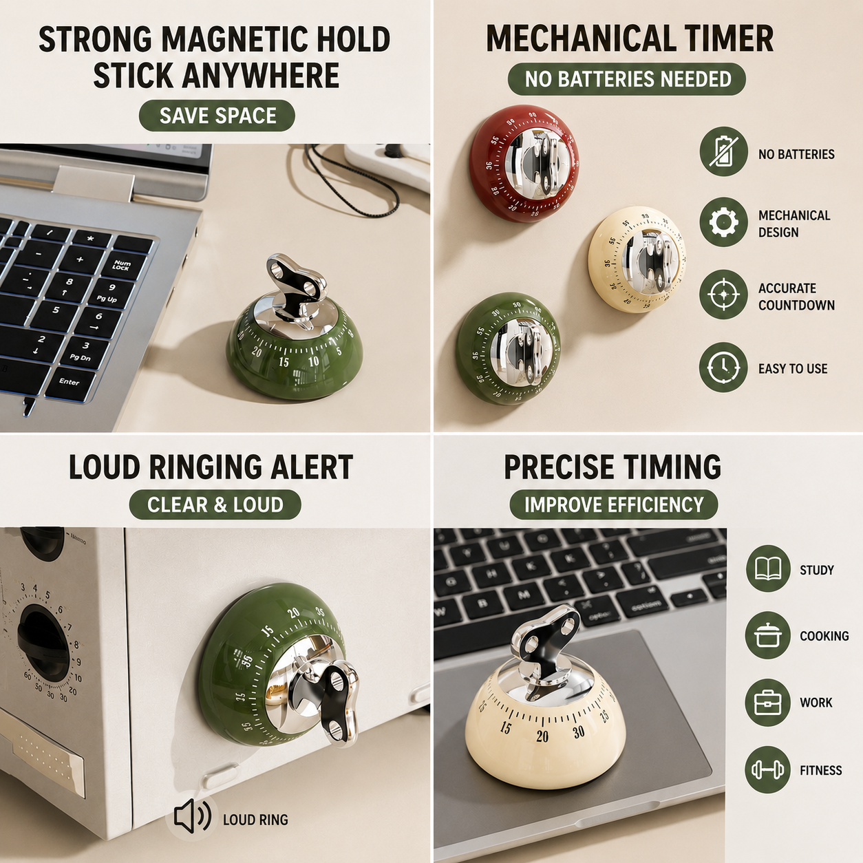 White 60-Minute Magnetic Mechanical Kitchen Timer Countdown Clock for Cooking, Study, Productivity and Time Management