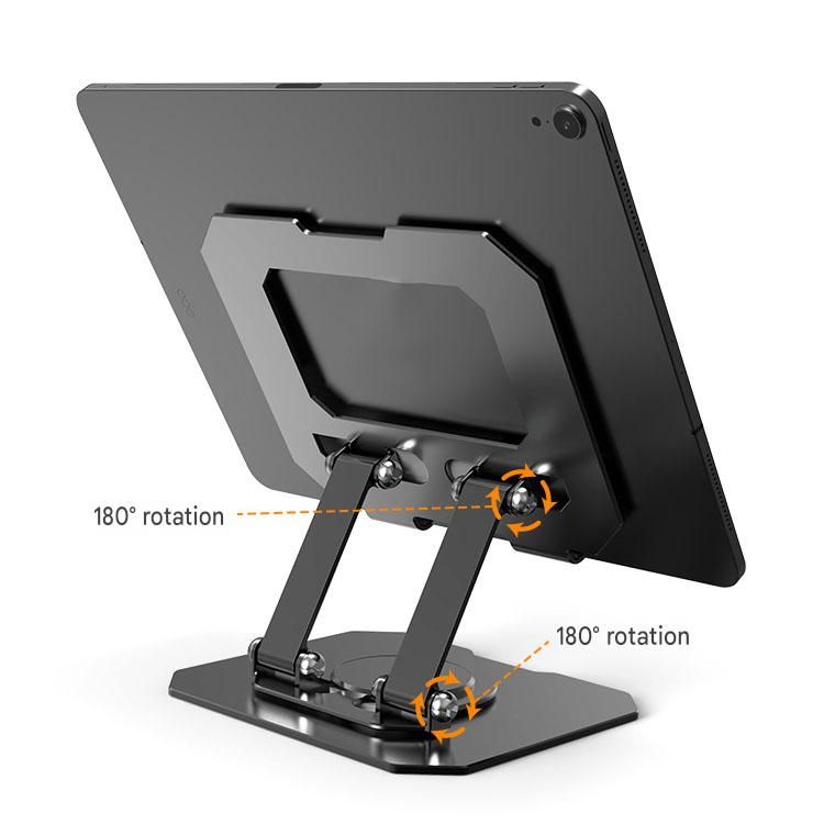 Black Adjustable Aluminium Alloy Tablet Stand with 360° Rotation, Foldable Metal Desk Holder for iPad, Tablets, E-Readers and Smartphones