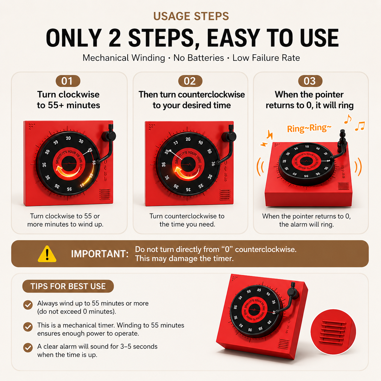 Red Record Player Mechanical Timer Magnet Timer for Study, Productivity and Time Management, Wind-Up Countdown Alarm, No Battery Required, Pomodoro Timer