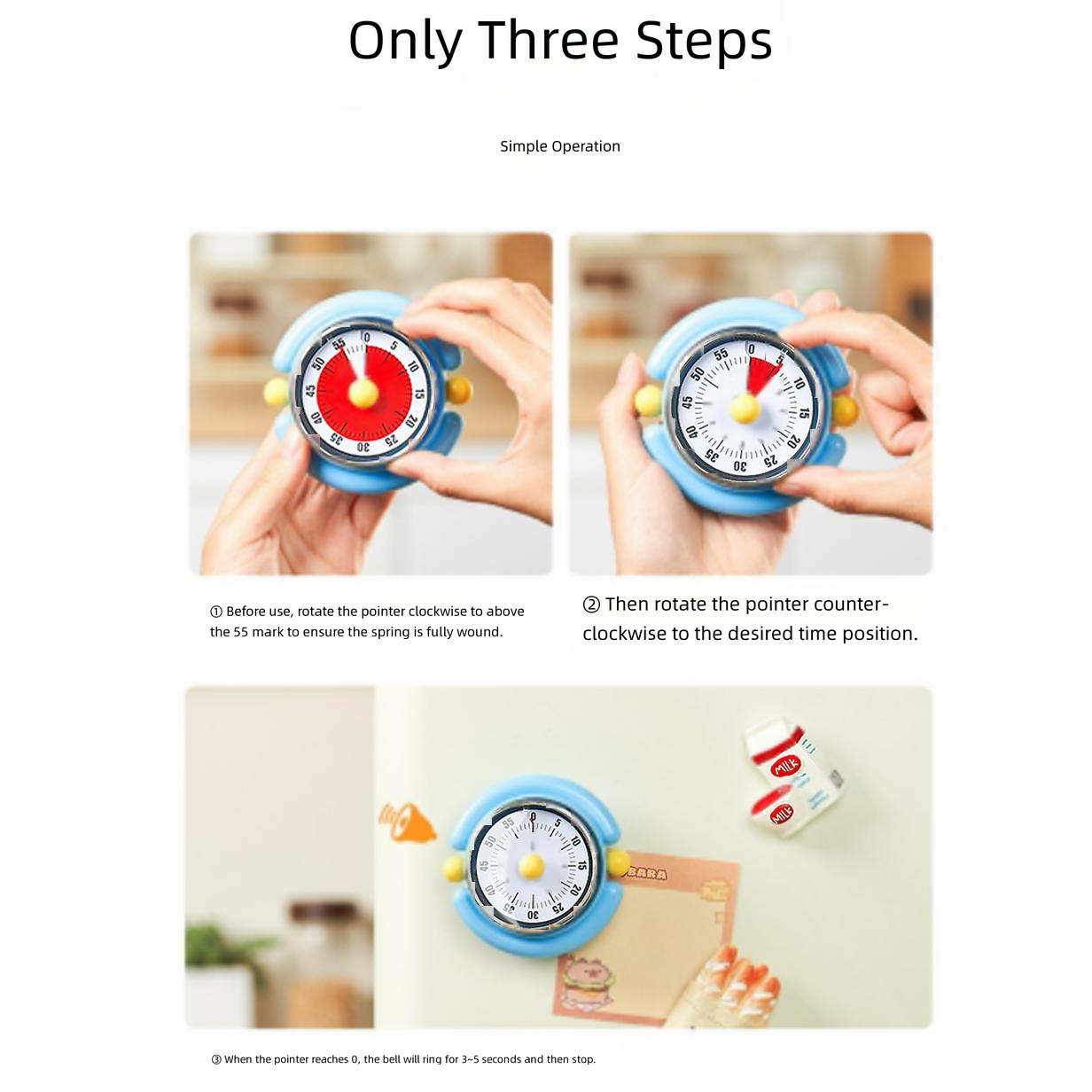 Yellow Visual Mechanical Kitchen Timer with Magnetic Backing - Battery-Free Countdown Alarm for Cooking, Study & Time Management