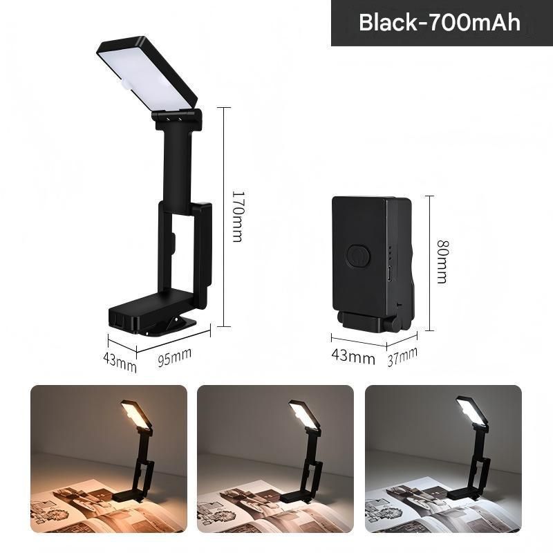Black Rechargeable LED Clip-On Reading Light - Foldable Portable Mini Book Light with Eye-Caring Lamp for Study & Bedside