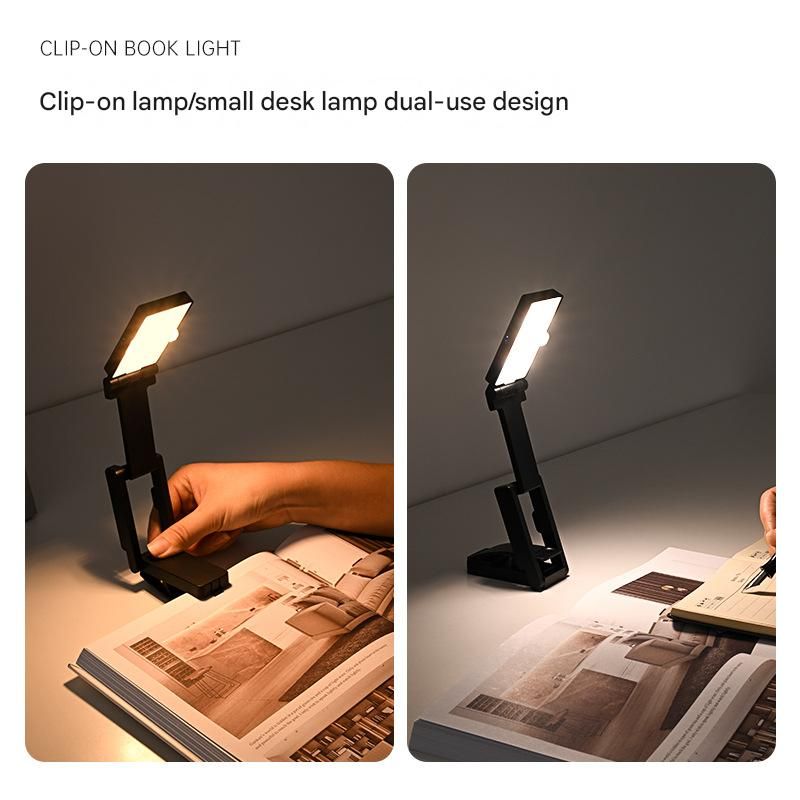 Black Rechargeable LED Clip-On Reading Light - Foldable Portable Mini Book Light with Eye-Caring Lamp for Study & Bedside