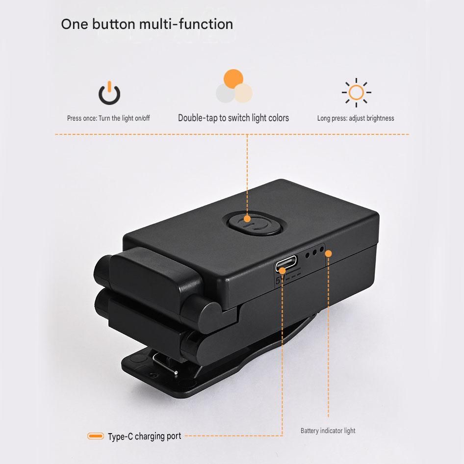 Black Rechargeable LED Clip-On Reading Light - Foldable Portable Mini Book Light with Eye-Caring Lamp for Study & Bedside