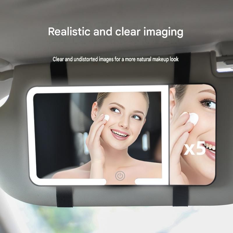 Black LED Car Sun Visor Makeup Mirror with 5x Magnification & Touch Lighting - Rechargeable Vanity Mirror for Travel & Daily Use