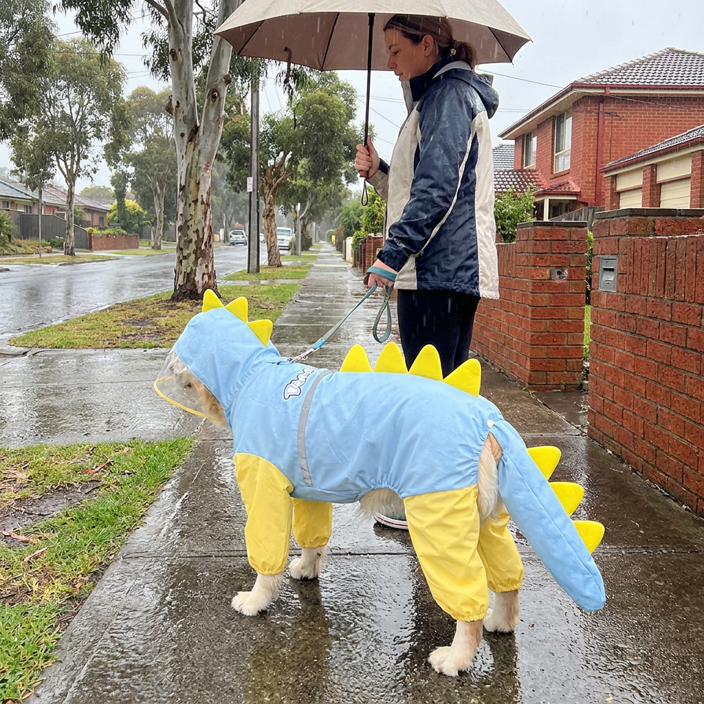 Blue Dog Raincoat Dinosaur Hooded Waterproof Jacket 3XL Size with Leash Hole Removable Tail Cover Full Body Coverage Pet Rain Coat for Outdoor Walking Large Dogs