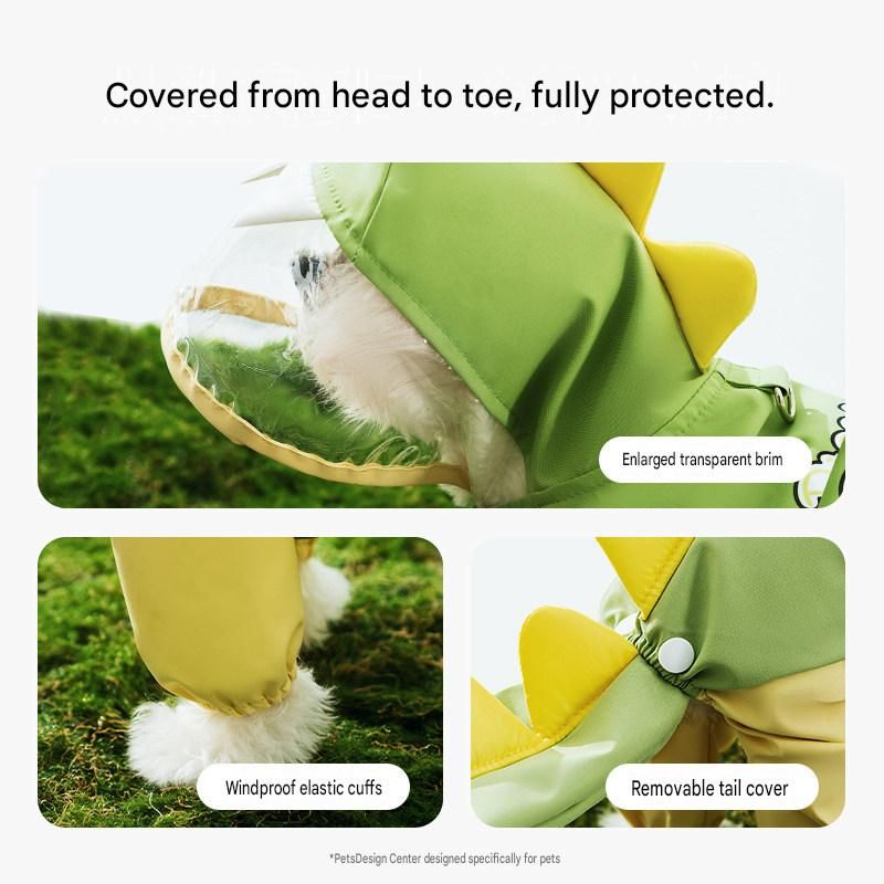 Green Dog Raincoat Dinosaur Hooded Waterproof Jacket 6XL Size with Leash Hole Removable Tail Cover Full Body Coverage Pet Rain Coat for Outdoor Walking Large Dogs