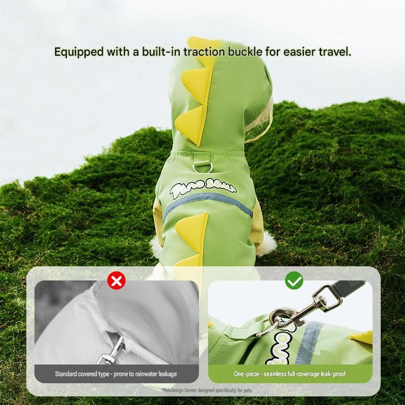 Green Dog Raincoat Dinosaur Hooded Waterproof Jacket 6XL Size with Leash Hole Removable Tail Cover Full Body Coverage Pet Rain Coat for Outdoor Walking Large Dogs