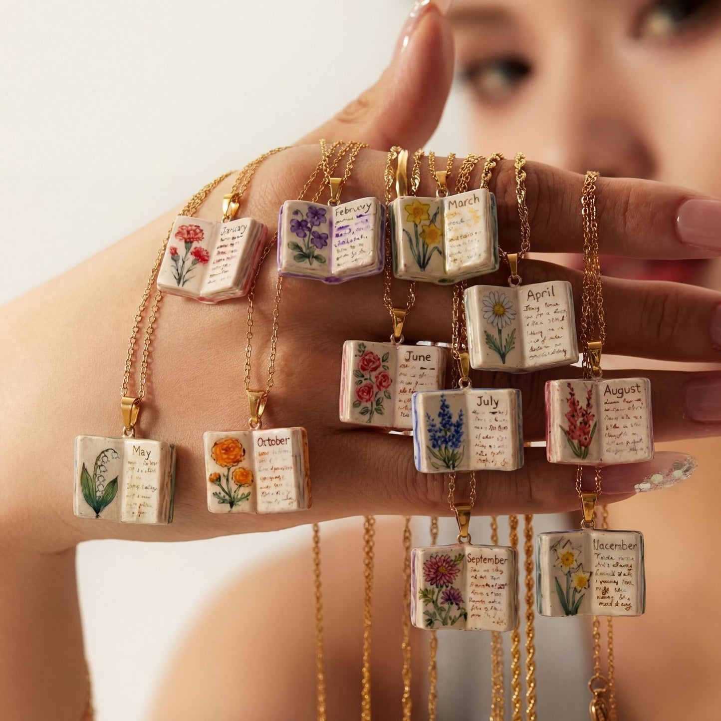 Vintage-style book necklace with November birthday flowers, a luxurious gold-plated bronze exquisite floral pendant gift