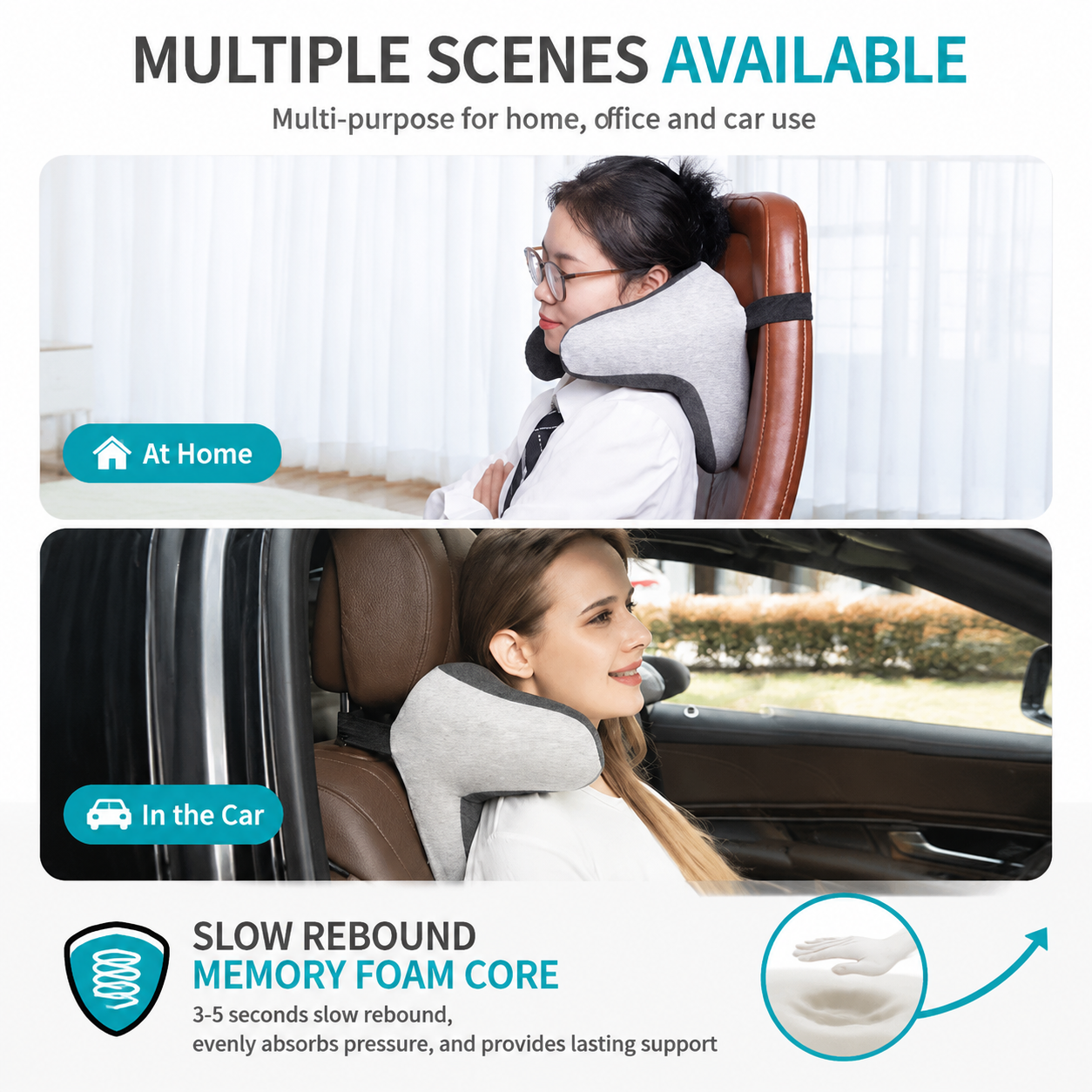 Ergonomic Car Neck Pillow Memory Foam Headrest Cushion (Grey) Adjustable Strap Breathable Neck Support Car Seat Travel Comfort Accessories