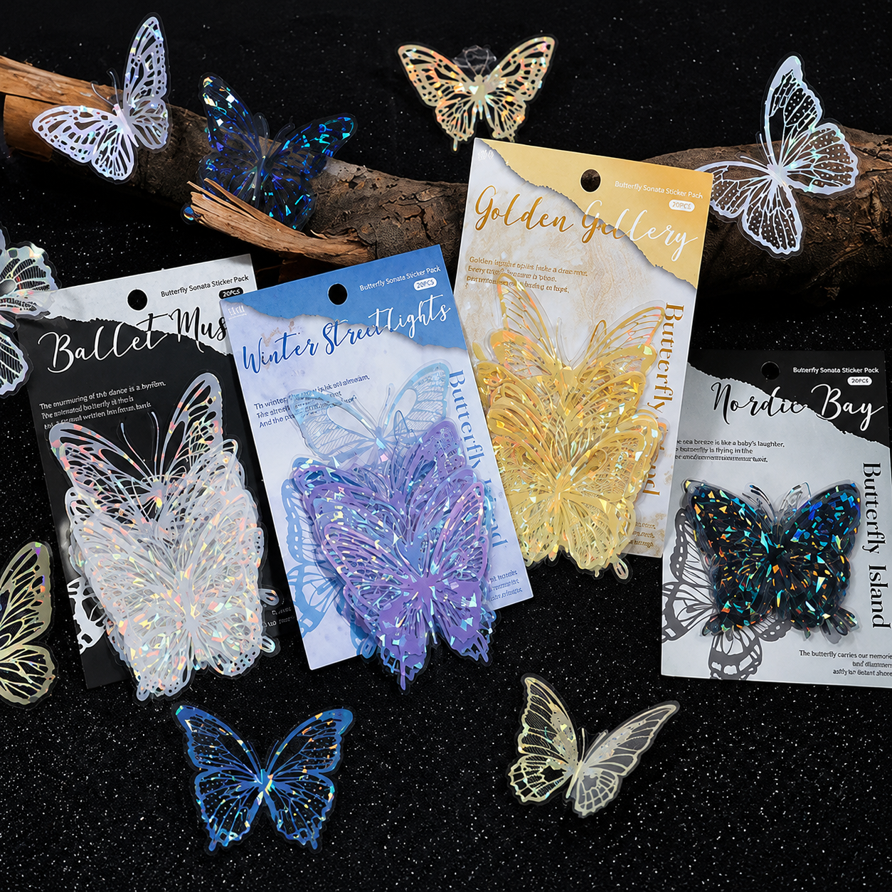 Black Butterfly Holographic Cake Stickers PET Seashell Gloss Butterfly Cake Decorations DIY Dessert Toppers Party Supplies 20pcs x 2 Packs
