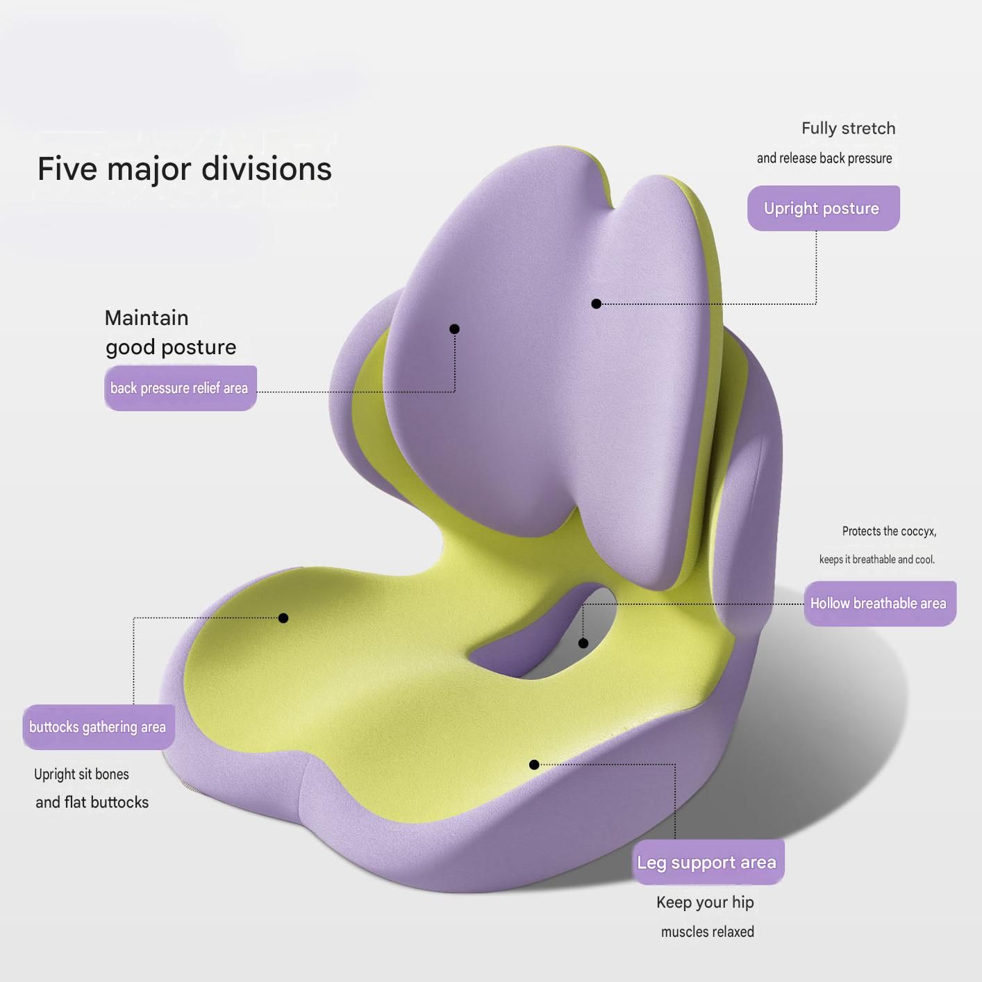 Gray Ergonomic Memory Foam Seat Cushion with Lumbar Support - Integrated Backrest Design, Breathable Hollow Core for Office and Car Use
