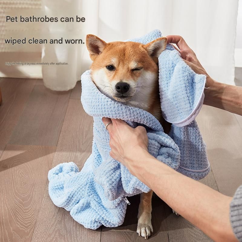 Pet Wearable Bathrobe Towel (Size L) - Quick-drying, absorbent full-body cover with hood and zipper, suitable for dog and cat grooming