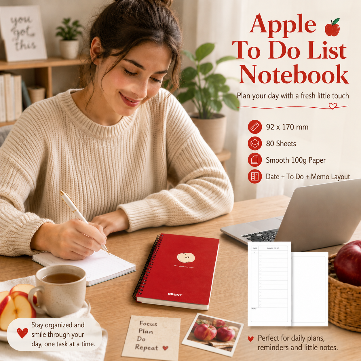 Fruit Series To Do List Notebook (Apple) – Spiral Bound Journal with Cute Fruit Cover, 80 Sheets, Portable Planner for Daily Notes, Study, Office and Personal Organisation